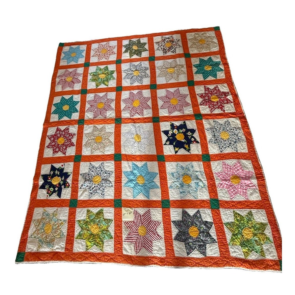 Vintage Handmade Quilt Dresden Plate Flower Star 69x80 Orange Lattice Patchwork
